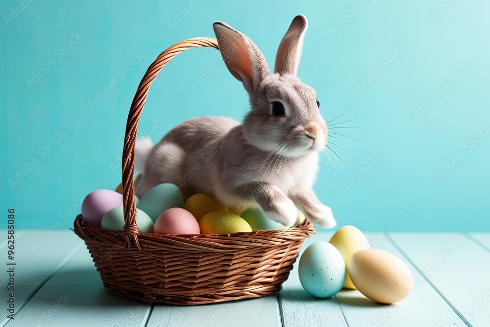 Fluffy Rabbit Jumping from Basket of Pastel Eggs in Bright Spring Setting Fluffy Rabbit Jumping from Basket of Pastel Eggs in Bright Spring Setting