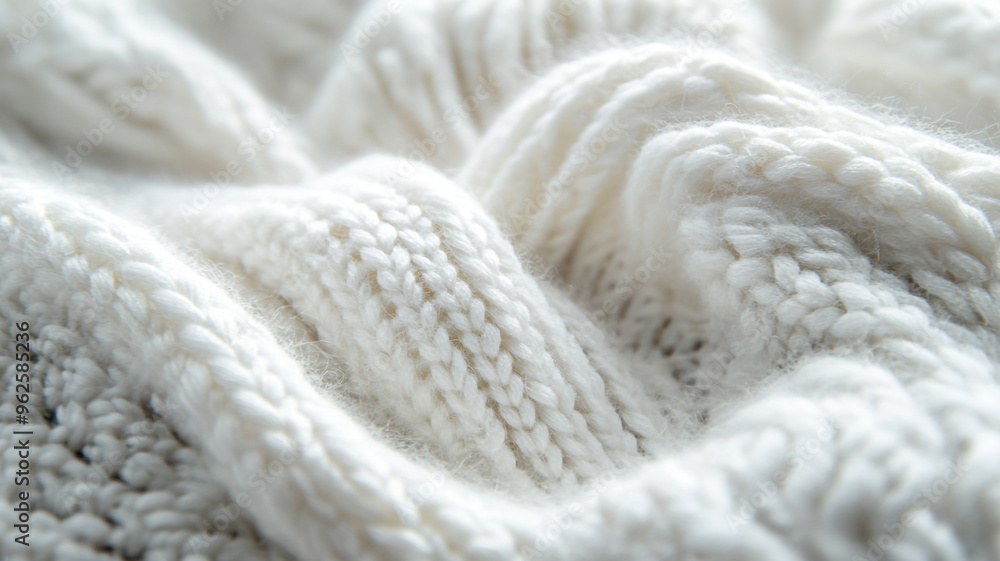 Soft white knitted texture showcasing intricate patterns and gentle folds in warm lighting Soft white knitted texture showcasing intricate patterns and gentle folds in warm lighting