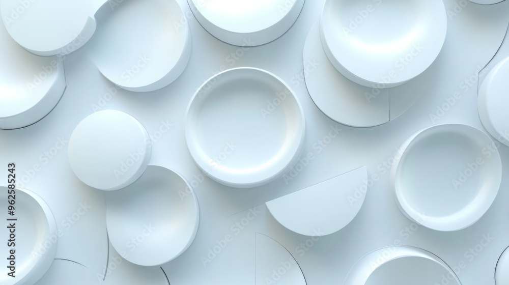 A white background with many white plates scattered around it A white background with many white plates scattered around it