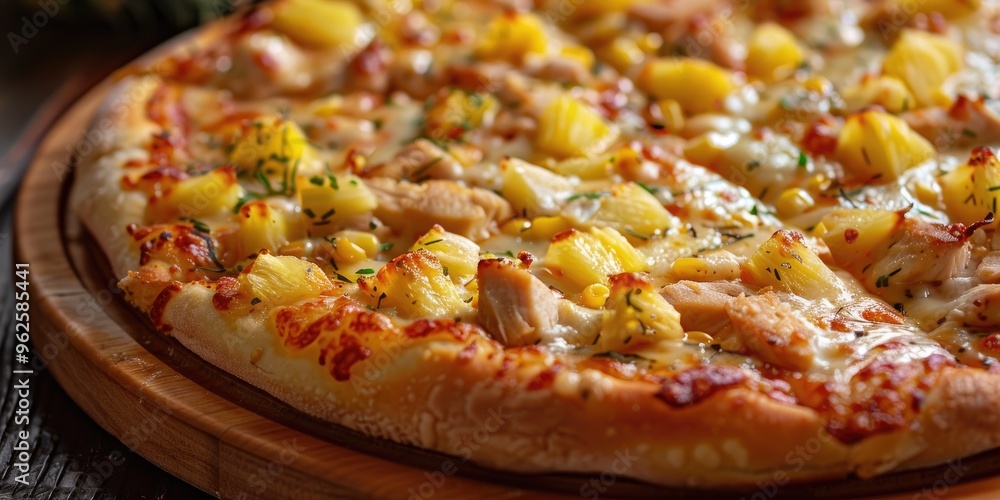 Delicious Pizza Topped with Chicken, Pineapple, and Corn on an Ideal Crust Delicious Pizza Topped with Chicken, Pineapple, and Corn on an Ideal Crust