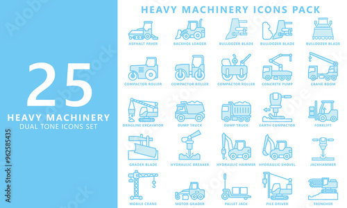 Heavy equipment dual tone blue color icon set, contain compactor, excavator, bulldozer, crane, loader, jackhammer and more. vector EPS 10. use for UI, UX, app and web constructions development.