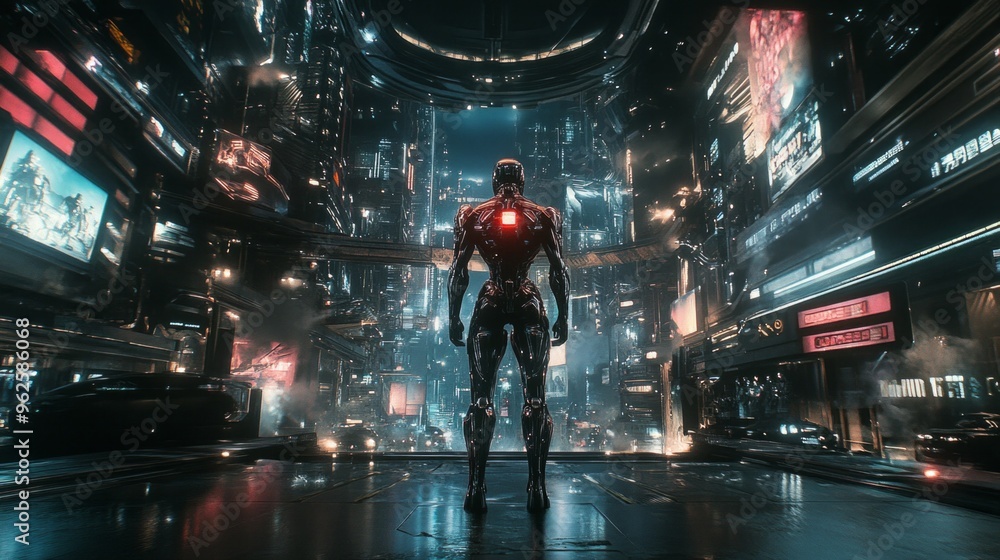A man in a suit stands in front of a cityscape with neon lights and signs A man in a suit stands in front of a cityscape with neon lights and signs