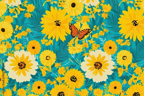 Bright Yellow and Turquoise Floral Landscape with Stunning Butterfly Accent