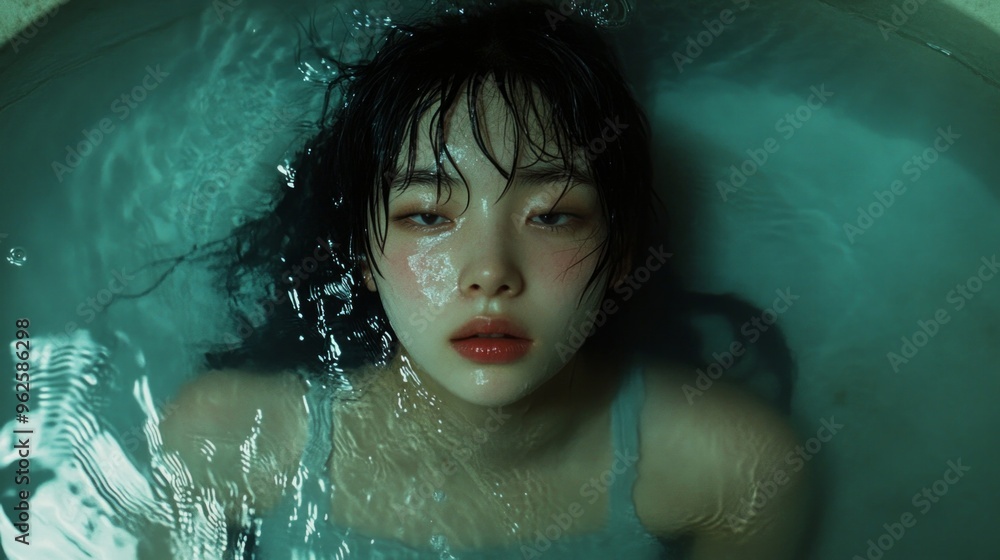 A woman is in a bathtub with her head submerged in water A woman is in a bathtub with her head submerged in water