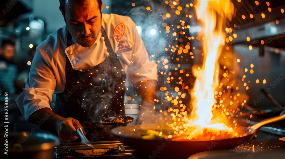 Chef flamb ing a dish with a blowtorch Chef flamb ing a dish with a blowtorch