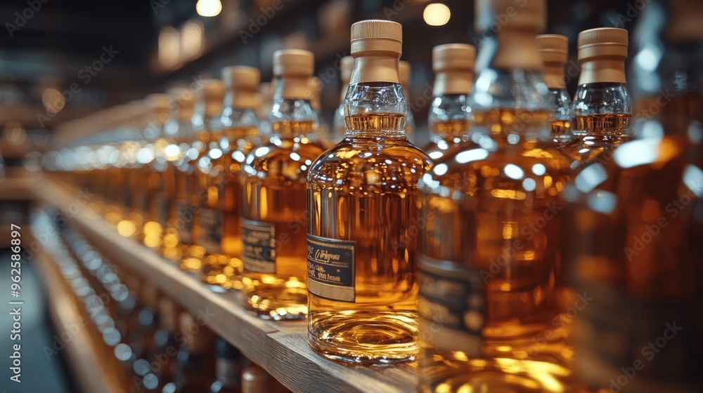 A row of liquor bottles on a shelf A row of liquor bottles on a shelf