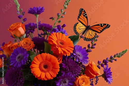 Colorful Flower Bouquet Featuring Golden Butterfly in Orange and Violet Tones