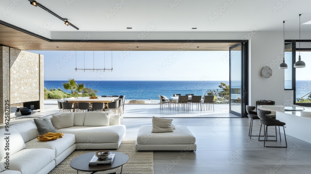 A large open living room with a view of the ocean A large open living room with a view of the ocean