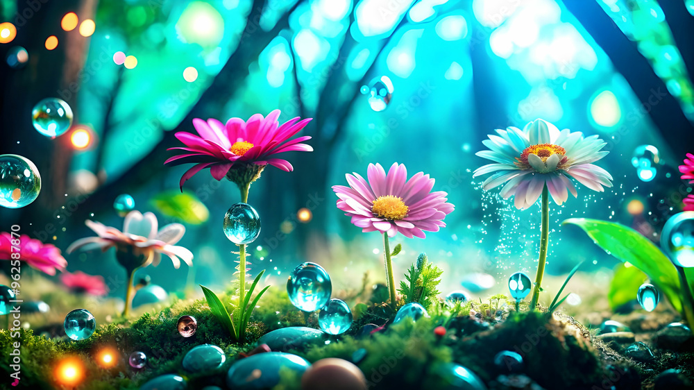 A whimsical and magical forest, with towering trees and sparkling dew drops on vibrant flowers. A whimsical and magical forest, with towering trees and sparkling dew drops on vibrant flowers.