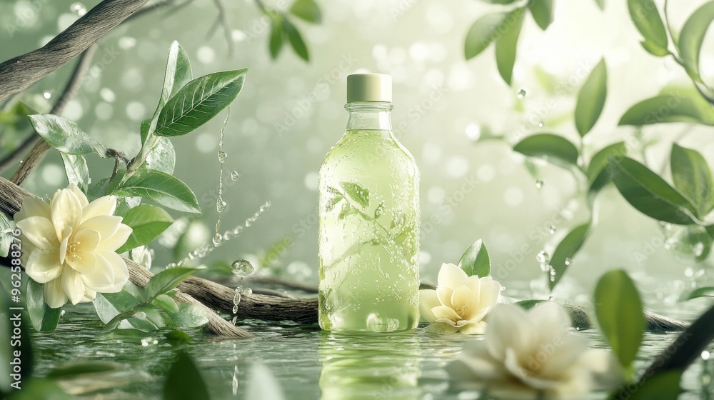 A bottle of green liquid is sitting on a leafy branch in a pond A bottle of green liquid is sitting on a leafy branch in a pond