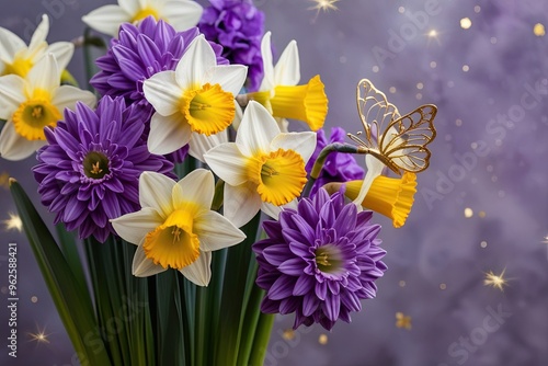 Magical Butterfly and Daffodils with Enchanting Lavender and Gold Flower Tones