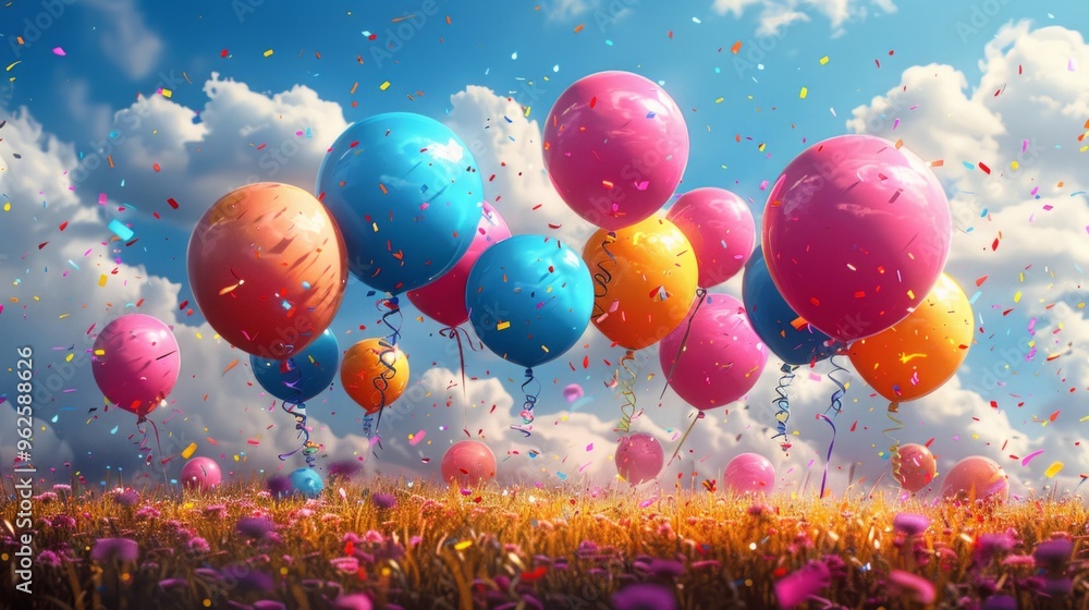 A field of colorful balloons with confetti falling around them A field of colorful balloons with confetti falling around them