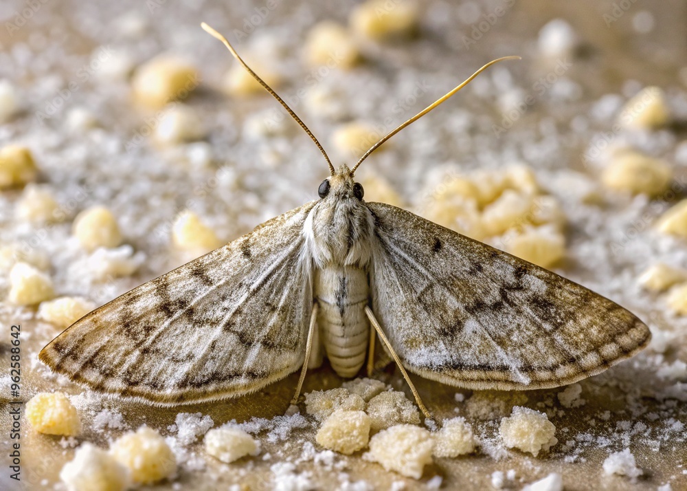 Obraz premium A small, grayish-brown moth with a distinctive whitish-yellow pattern on its forewings, perched on a kitchen counter near scattered flour and cracked grains.