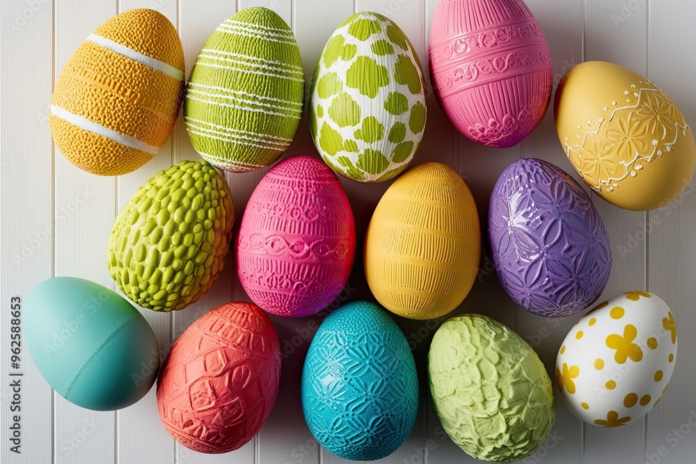 Colorful Textured Easter Eggs with Unique Designs on a Clean White Background Colorful Textured Easter Eggs with Unique Designs on a Clean White Background