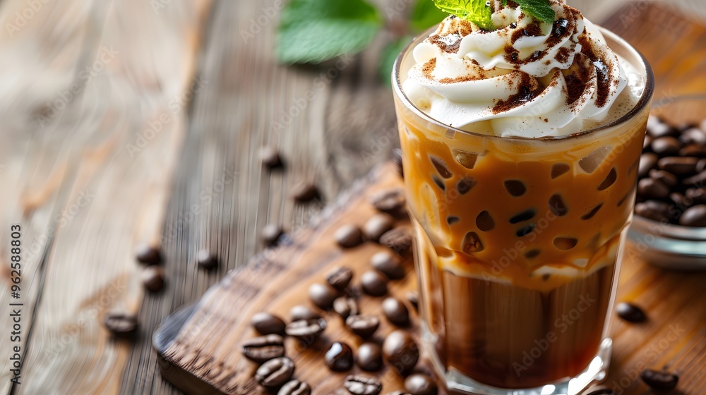 Freshly made iced coffee with whipped cream