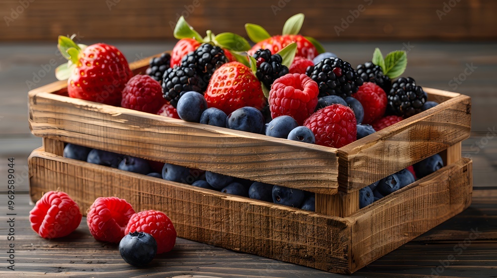 Assorted fresh berries in a wooden crate Assorted fresh berries in a wooden crate