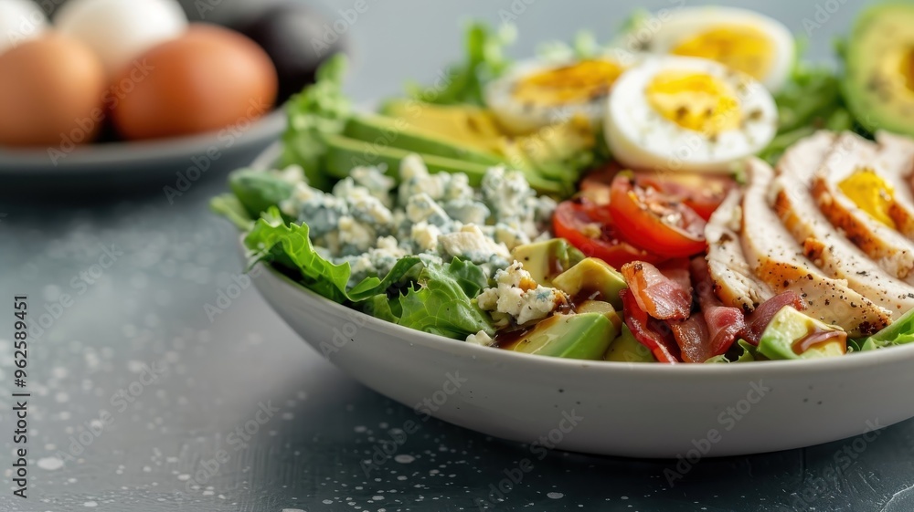 A colorful Cobb salad with grilled chicken, bacon, eggs, avocado, and blue cheese. A colorful Cobb salad with grilled chicken, bacon, eggs, avocado, and blue cheese.