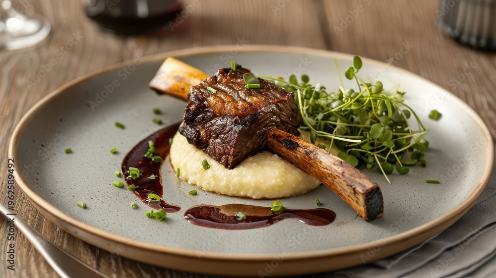 A deconstructed short rib dish with tender meat, creamy polenta, and red wine reduction. A deconstructed short rib dish with tender meat, creamy polenta, and red wine reduction.
