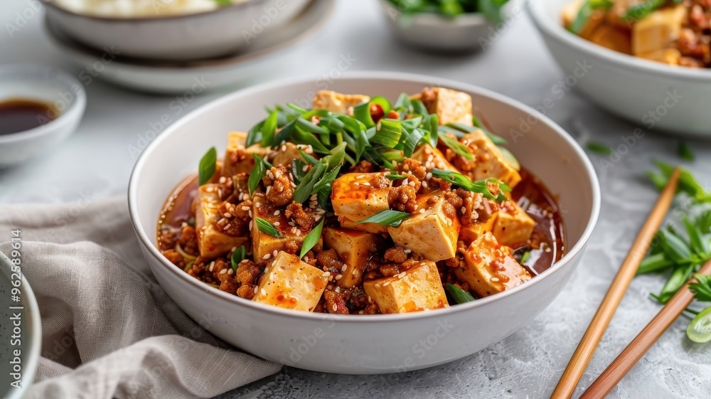 A vibrant plate of mapo tofu with chili oil and Sichuan peppercorns. A vibrant plate of mapo tofu with chili oil and Sichuan peppercorns.