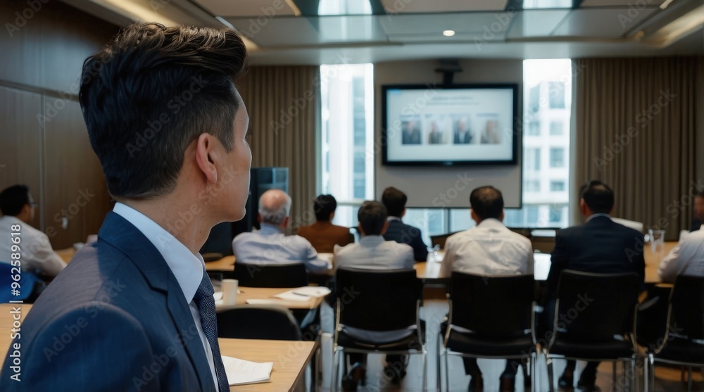 Confident businessman giving a presentation in front of crowd in meeting conference seminar room. Leadership authority teamwork in business concept Confident businessman giving a presentation in front of crowd in meeting conference seminar room. Leadership authority teamwork in business concept