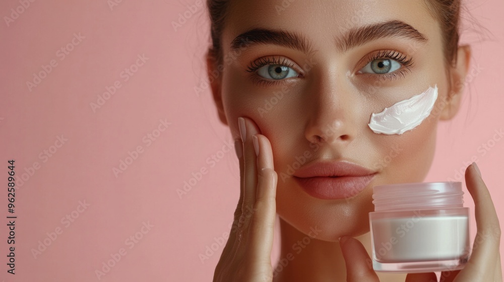 A woman is applying makeup to her face A woman is applying makeup to her face