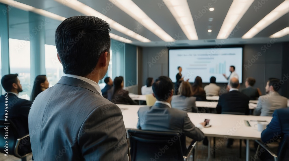 Confident businessman giving a presentation in front of crowd in meeting conference seminar room. Leadership authority teamwork in business concept Confident businessman giving a presentation in front of crowd in meeting conference seminar room. Leadership authority teamwork in business concept