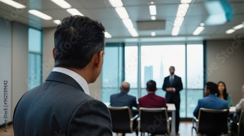 Confident businessman giving a presentation in front of crowd in meeting conference seminar room. Leadership authority teamwork in business concept