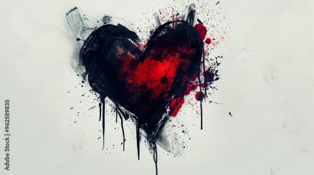 A powerful depiction of a heart in a grunge style, with intense splashes of red and black. This image evokes strong emotions, highlighting themes of passion, love, and turmoil. A powerful depiction of a heart in a grunge style, with intense splashes of red and black. This image evokes strong emotions, highlighting themes of passion, love, and turmoil.