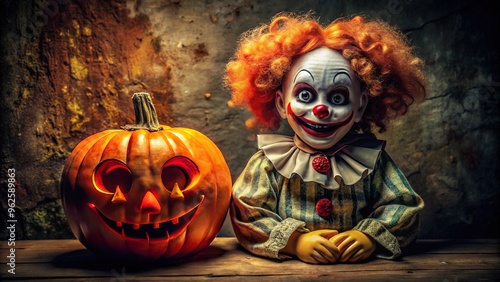 A spooky, illuminated jack-o'-lantern grins beside a sinister, worn-out clown doll with faded orange wig and painted-on smile, set against a dark, eerie background. photo