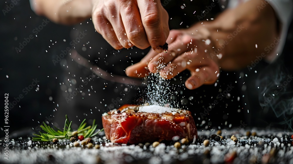 Chef seasoning a steak with salt and pepper Chef seasoning a steak with salt and pepper
