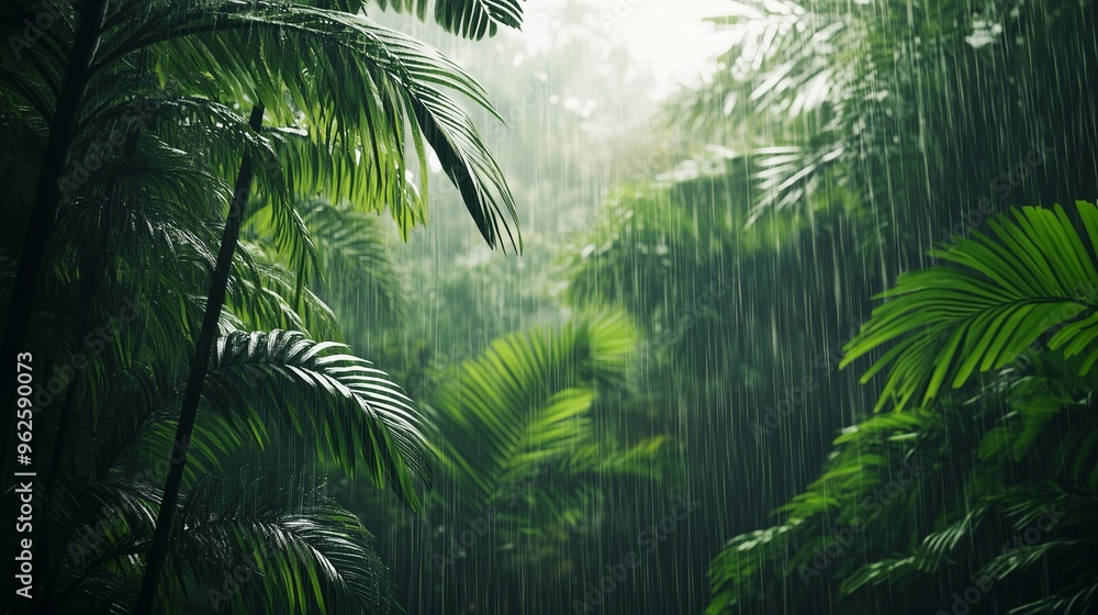 Rain Falling Through Lush Tropical Palm Trees Rain Falling Through Lush Tropical Palm Trees