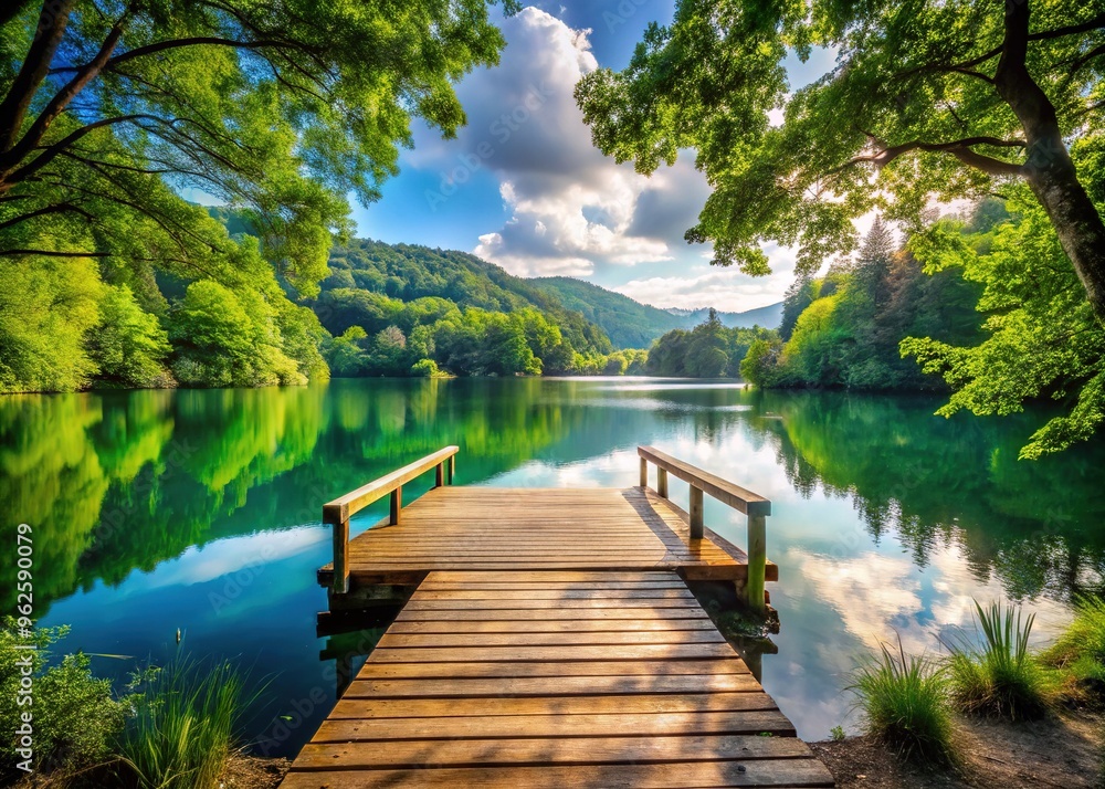 A serene wooden platform extending over a tranquil lake, surrounded by lush greenery, with a few wooden steps leading down to the calm water. A serene wooden platform extending over a tranquil lake, surrounded by lush greenery, with a few wooden steps leading down to the calm water.