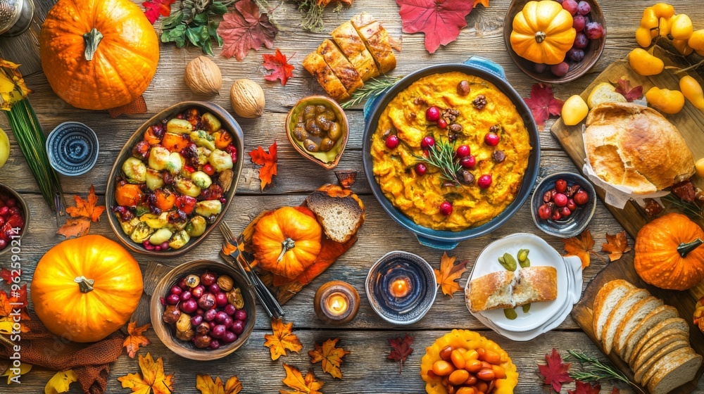 Autumnal Feast with Pumpkins, Bread, and Cranberries Autumnal Feast with Pumpkins, Bread, and Cranberries