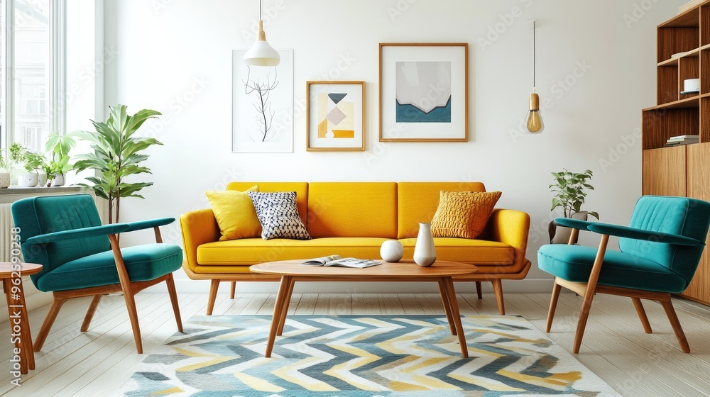 A mid-century Scandinavian living room with a vibrant yellow sofa, teal armchairs, and a geometric rug, all set against white walls with wooden accents. A mid-century Scandinavian living room with a vibrant yellow sofa, teal armchairs, and a geometric rug, all set against white walls with wooden accents.