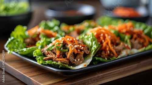 A Korean-inspired lettuce wrap (ssam) with grilled meat, kimchi, and ssamjang sauce. photo