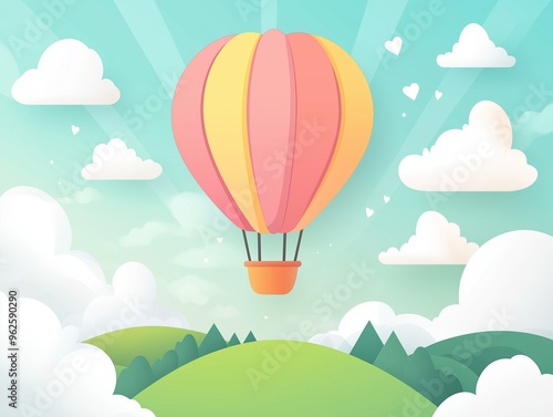 Hot Air Balloon Floating Over Hills with Clouds Illustration