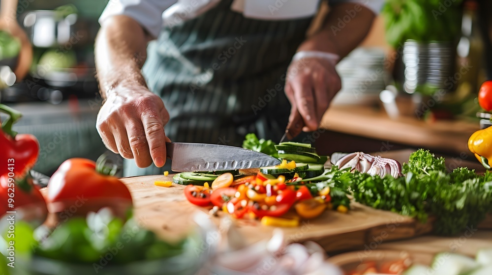 Chef Chopping Fresh Vegetables on a Cutting Board Chef Chopping Fresh Vegetables on a Cutting Board