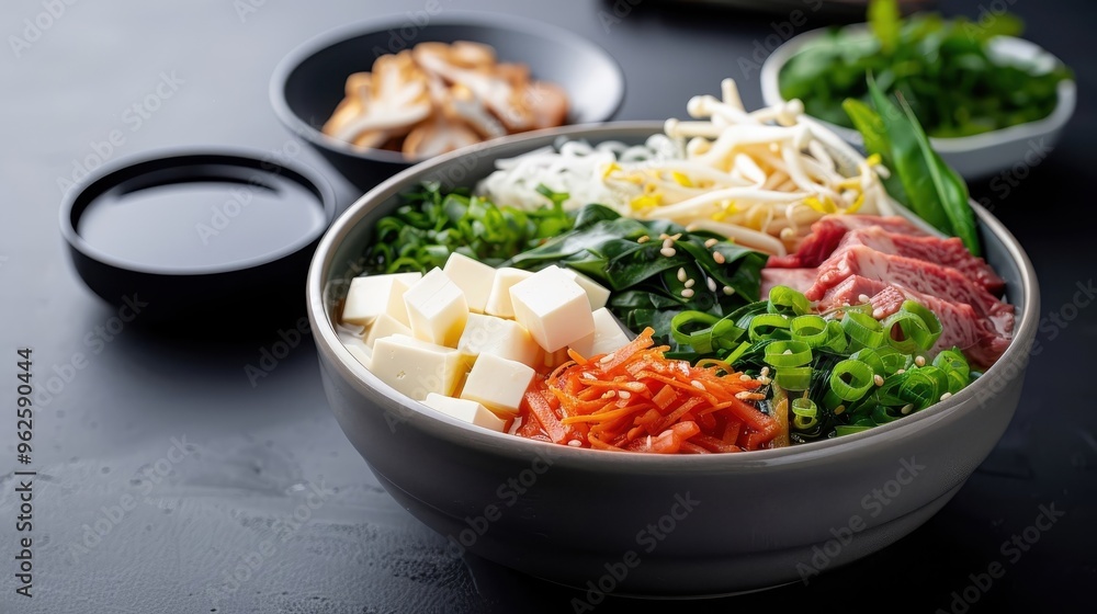 A bowl of Japanese sukiyaki with thinly sliced A5 Wagyu beef and vegetables. A bowl of Japanese sukiyaki with thinly sliced A5 Wagyu beef and vegetables.