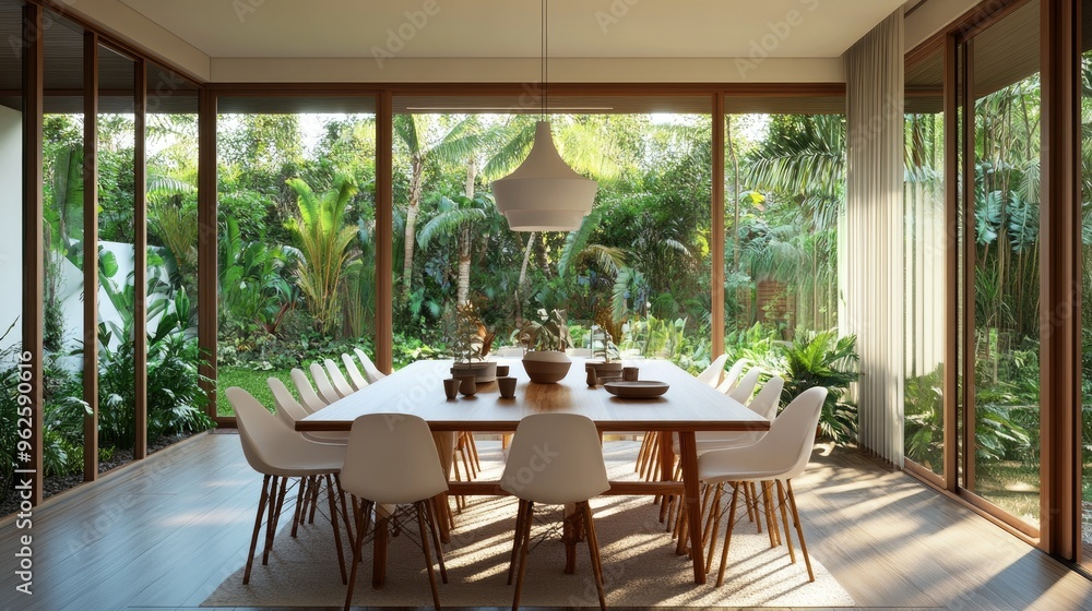 A spacious dining room featuring a long wooden table, white chairs, and a simple pendant light, with large windows showcasing a lush garden outside. A spacious dining room featuring a long wooden table, white chairs, and a simple pendant light, with large windows showcasing a lush garden outside.