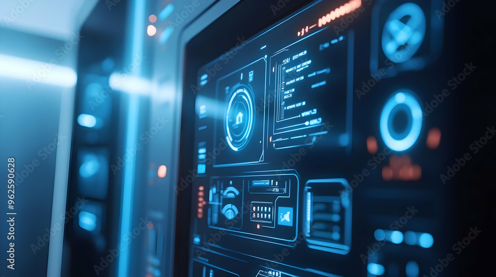 Fototapeta premium Futuristic Interface 3D Illustration: Blue and Black Digital Display with Glowing Lines