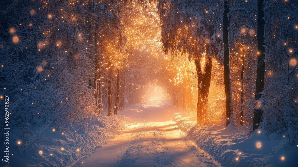 A Snow-Covered Forest Path Illuminated by Golden Lights A Snow-Covered Forest Path Illuminated by Golden Lights