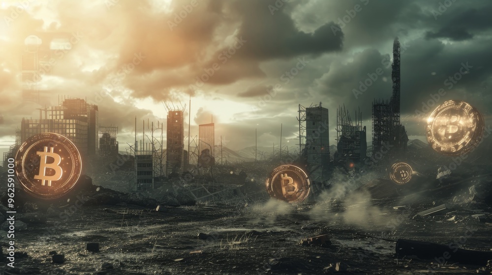 Fototapeta premium Eerie scene of bitcoins floating above a desolate, post-apocalyptic city. The ruined buildings and dramatic sunrise cast an ominous light, hinting at a future where digital currency reigns in a