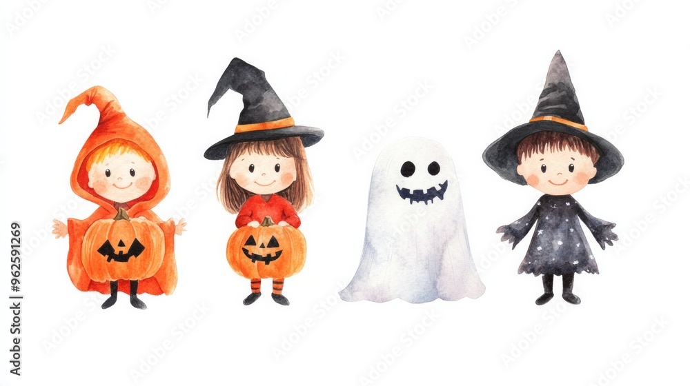 Four children dressed in Halloween costumes, one of which is a ghost Four children dressed in Halloween costumes, one of which is a ghost