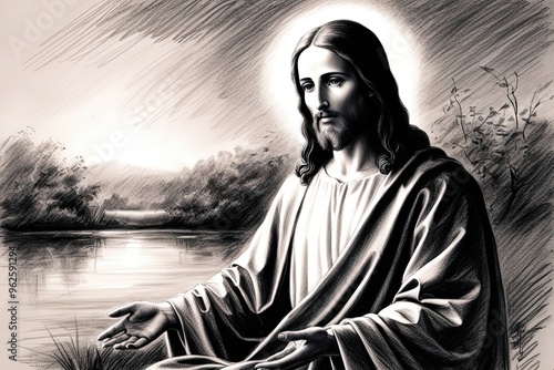 Charcoal Drawing of Jesus Christ in a Peaceful Landscape for Reflection and Spiritual Growth photo