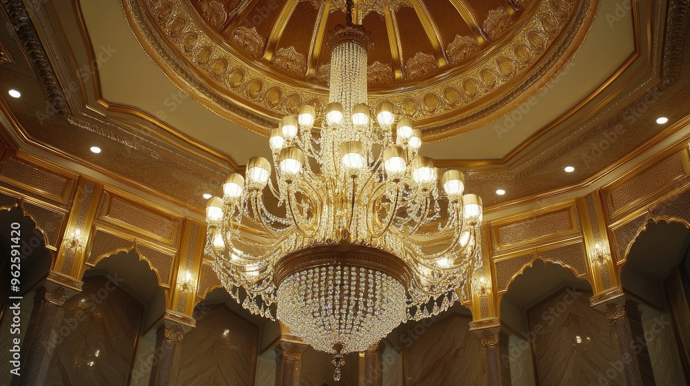 Obraz premium A chandelier casting intricate light patterns on the ceiling and walls of a luxurious room