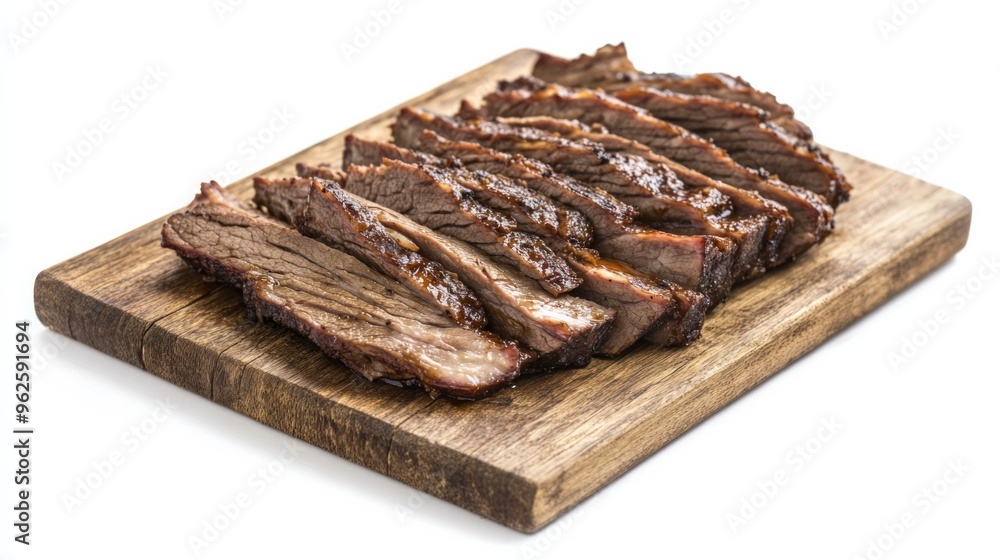 A slab of meat is cut into thin slices and is sitting on a wooden cutting board A slab of meat is cut into thin slices and is sitting on a wooden cutting board