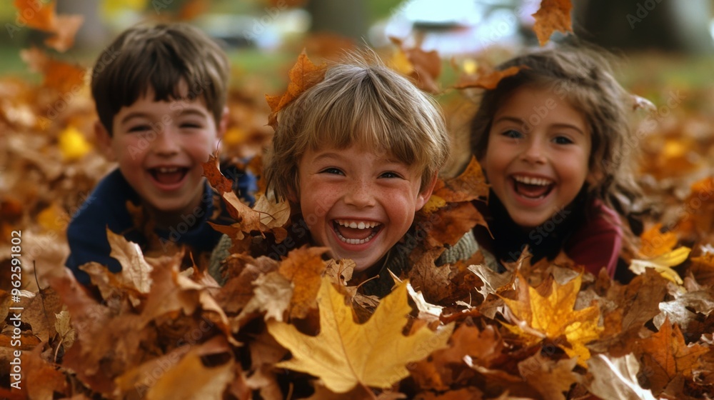 Three Children Laughing in a Pile of Autumn Leaves Three Children Laughing in a Pile of Autumn Leaves
