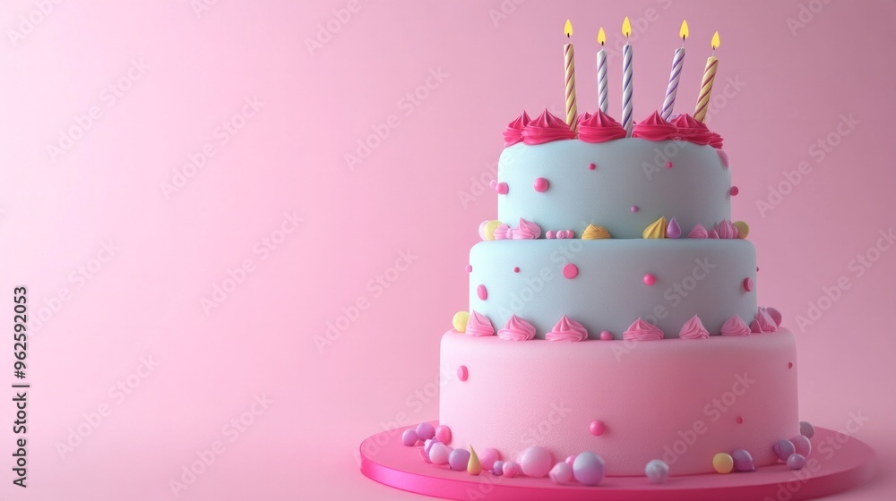 A pink birthday cake with four candles on top A pink birthday cake with four candles on top
