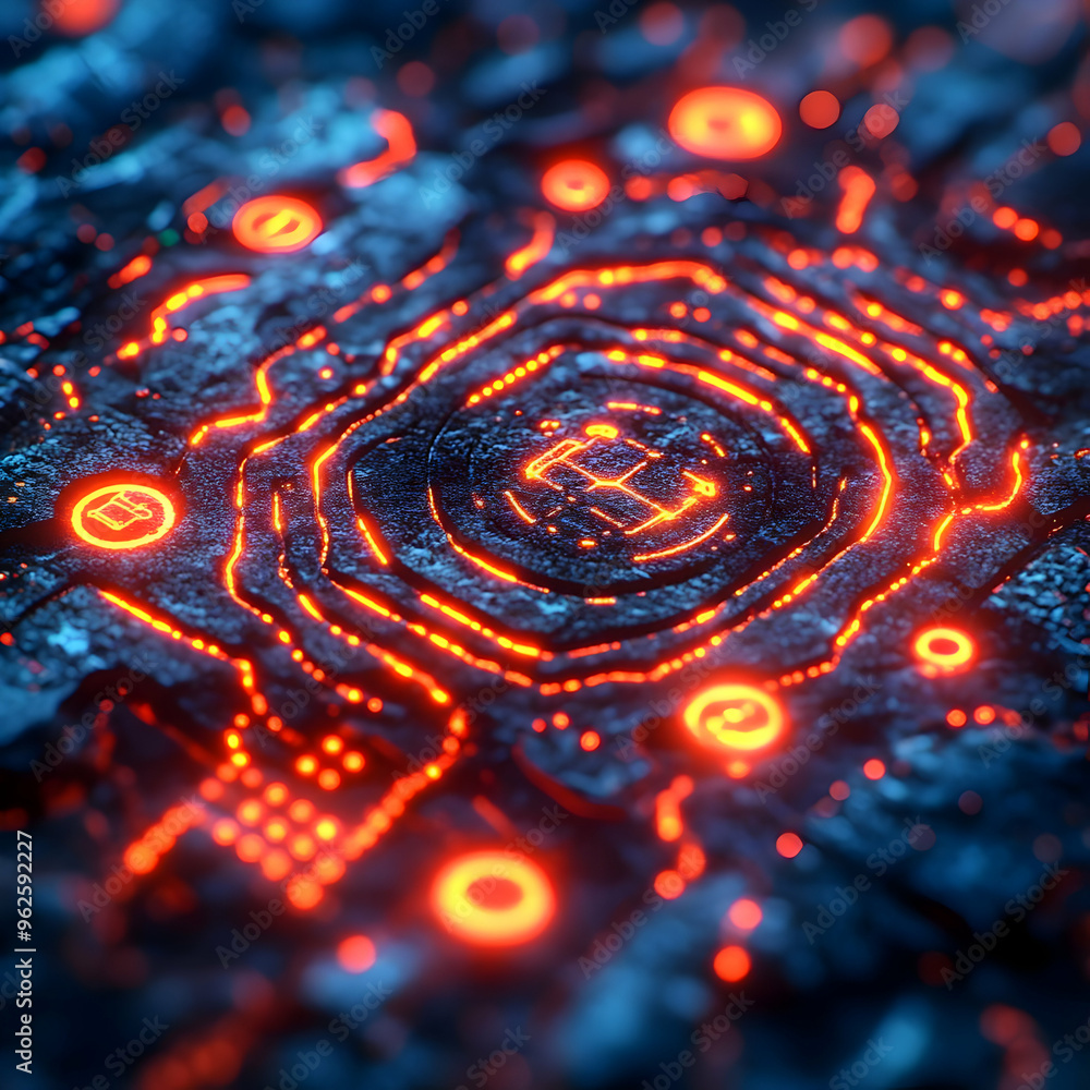 Abstract 3D Glowing Circuitry with Symbol Abstract 3D Glowing Circuitry with Symbol