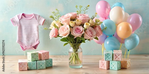 A sweet bouquet of pastel balloons and flowers surrounds a tiny onesie and soft baby blocks, celebrating the joyful arrival of a new little life. photo